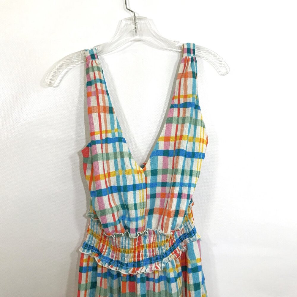 Cato Casual V-Neck Smocked Midi Dress Multi-Color Check Print S - Picture 3 of 10